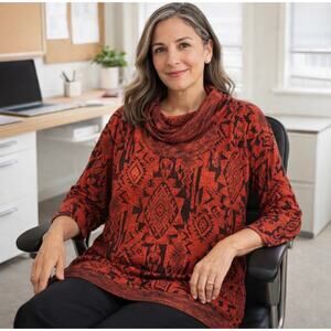 Ali Miles  2X top orange/black southwestern pattern cowl neck artsy lagenlook